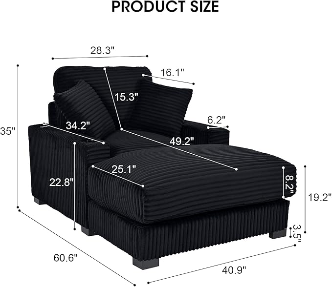 41 Chaise Lounge Indoor Comfy Reading Chair with 2 PillowsUSB Charger Cup Holder Adjustable Backrest Corduroy Sofa Bed Lazy Chair Sleeper Couch Small Couch for Apartment Black