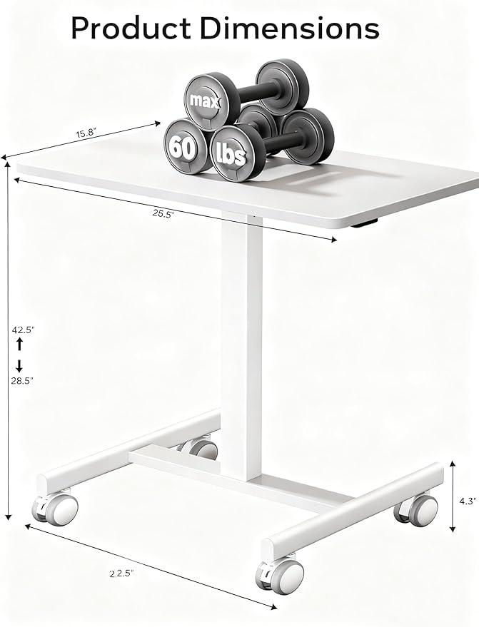 Mobile Standing DeskSmall Rolling DeskHeight Adjustable Rolling Cart with Lockable Wheels for Home Office Computer Workstationwith Hook White