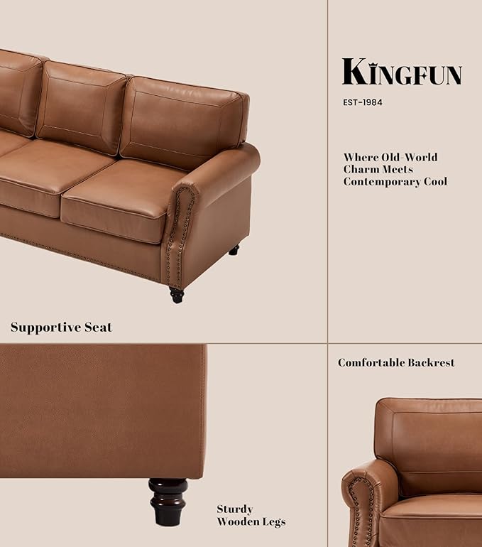WILLOVE 79'' Faux Leather Sofa Classic 3 Seater Leather Couch with Rolled Arm and Nailhead Trim Mid-Century Modern Couch for Living Room Apartment Easy to Install Brown