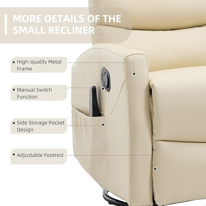 PELUMY 360° Swivel Rocker Recliner with Heat &amp Vibration Massage Glider Rocking Chair for Adults Compact Recliner for Living Room Small Spaces Nursery Bedroom (Breathable Leather Creamy Beig