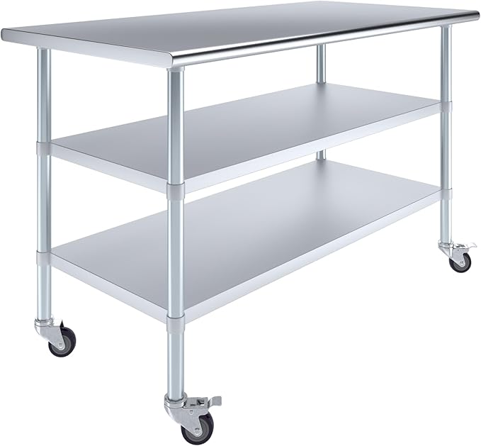AmGood Stainless Steel Work Table with 2 Shelves and Casters | Metal Utility Table On Wheels (Stainless Steel Work Table with 2 Shelves + Casters 60 Long x 30 Deep)