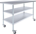 AmGood Stainless Steel Work Table with 2 Shelves and Casters | Metal Utility Table On Wheels (Stainless Steel Work Table with 2 Shelves + Casters 60 Long x 30 Deep)