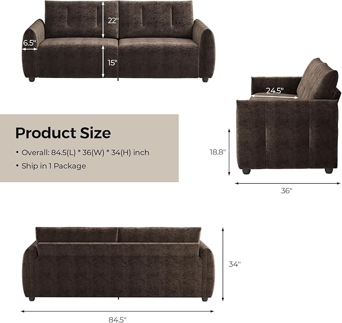 84.5 Inch Loveseat SofaModern Couch and SofaFeather-tip armrest DesignSturdy and Easy InstallationSmall Sofa for Living Room Bedroom Office and ApartmentChenille FabricDark Brown