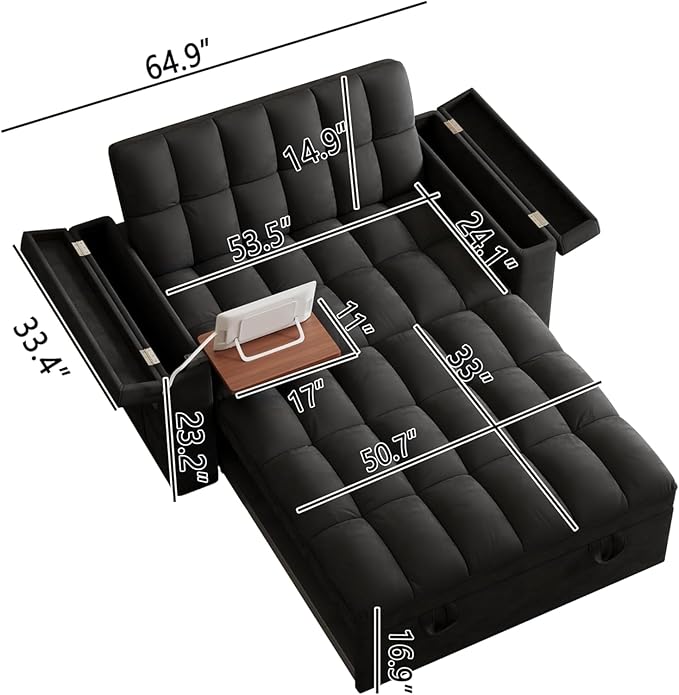 Dreamzie 65'' Wide 3 in 1 Convertible Sleeper Sofa Bed Pull Out Couch for Living Room with Hidden Laptop Desk Loveseat Sleeper with Side Pocket | Adjustable Backrest | USB Port (Fabric Black)