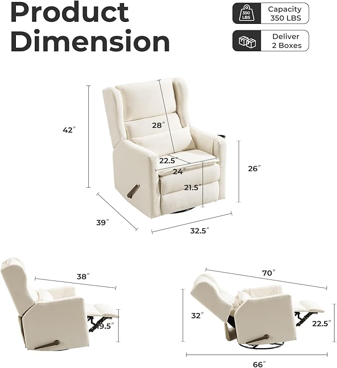 Swivel Rocker Recliner for AdultsGlider Rocking Chair with Adjustable HeadrestRocking Recliner Chair for NurseryManual Recliner Chair with Double CushionChenilleWhite