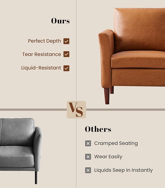 Kingfun Mid-Century Accent Chairs PU Leather Modern Upholstered Living Room Chair Cozy Armchair with Rolled Arms and Deep Seats Brown (Set of 2)