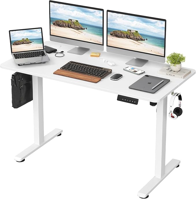 48x24 Inches Electric Standing Desk Adjustable Height Wooden Sit Stand Desk Electric Capacity 300lbs Sit to Stand up Standing Computer Desk with Hooks for Home Office (White 48x24 Inches)