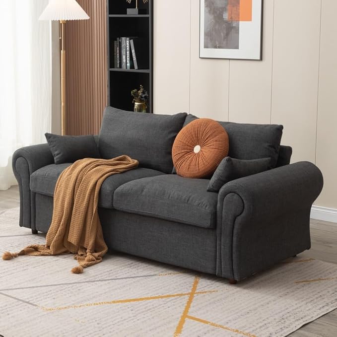 Panana Modern 2 Seater Loveseat Sofa Couch with Storage Dark Grey or Light Color Choice of Curved Sock or Track Arm Design (Dark Gray 3 Seater - Scroll Arms)