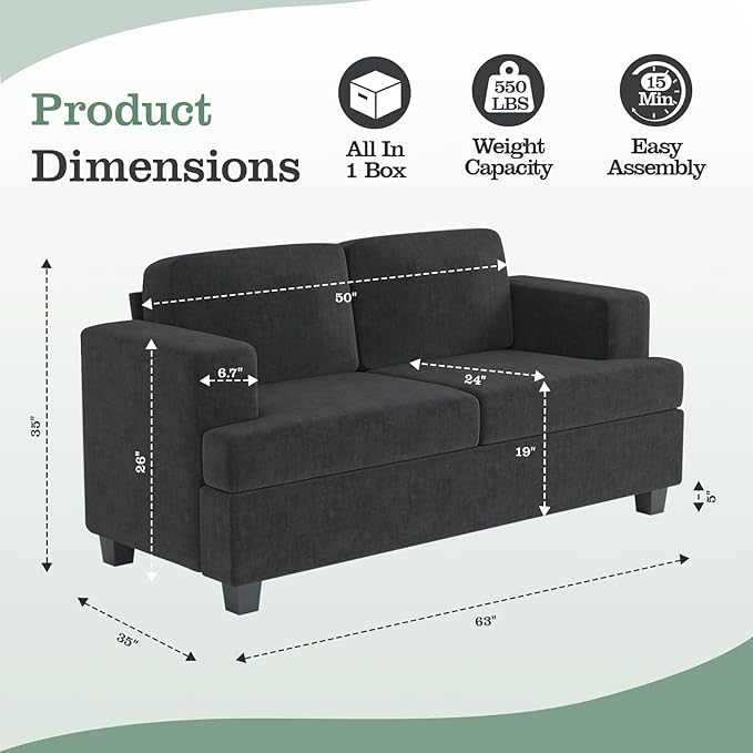Apicizon 63 Cloud Sofa Loveseat Sofas Comfy Loveseat Couch for Bedroom Living Room Black Couch Sofa with Removable Cushions Chenille