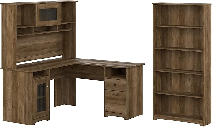 Bush Home Cabot 60W L Shaped Computer Desk with Hutch and 5 Shelf Bookcase in Reclaimed Pine