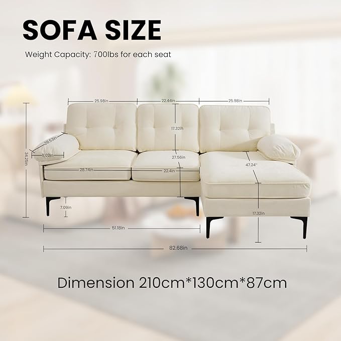 PARKOL 82in L Shaped Sectional Couches Small Lounge Sofa Couches Set Clearance Set Couch for Small Space Apartment (White (Chenille Fabric) 82 Width with Reversible Chaise)