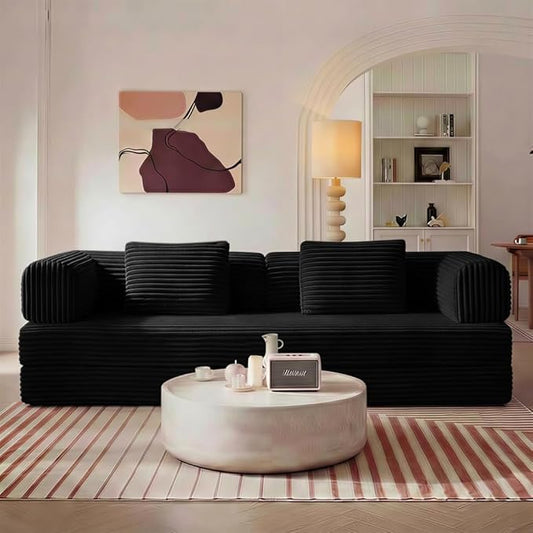 74 Compression Sofa Convertible Floor Sofa Bed with Pillow Back Support ArmrestComfy Futon Couch Sleeper BedLoveseats Boneless for Living RoomBedroom (Black)