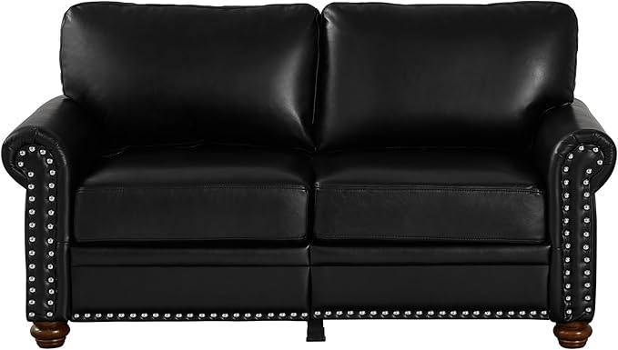 59 Faux Leather Pu Loveseat Underseat Storage Classic Love Seat Couch Elegance 2 Seat with Rolled Armrests Nailhead Trim Wood Legs Traditional Living Room Accent Sofa 2 Seat-Black
