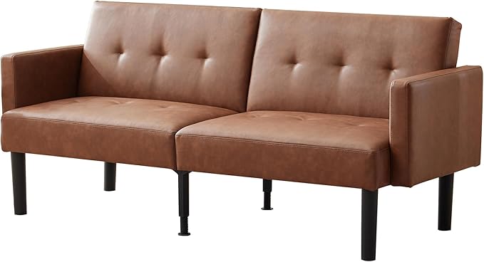 Garvee 75.5 Convertible Futon Sofa Bed PU Leather Upholstered Futon Couch with Strong Legs Mid Century Modern Sleeper Sofa Comfy Loveseat for Living Room Bedroom Dorm Brown
