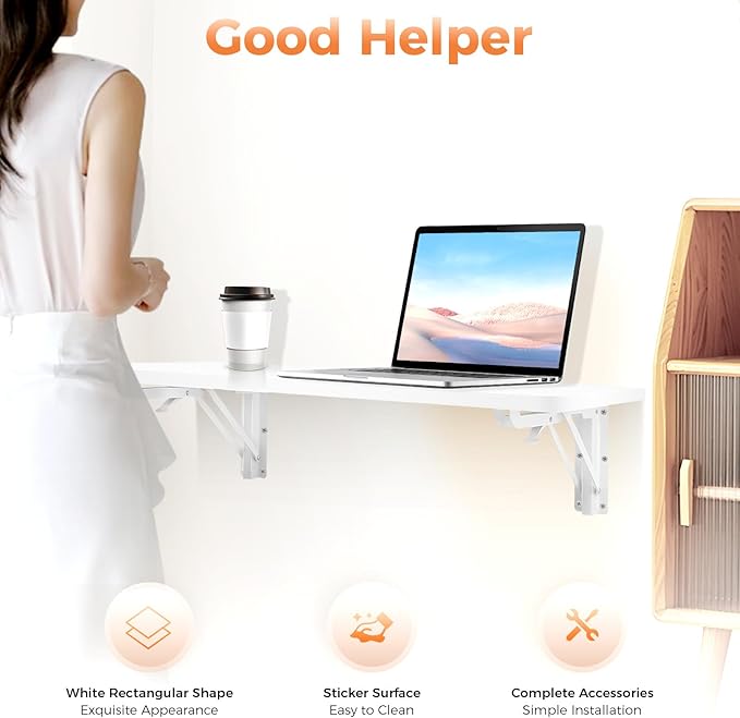 Wall Mounted Desk Floating Wall Desk with Iron Bracket Drop Leaf Table for Small Spaces Wall Mounting Folding Table for Kitchen Laundry Room Home Office White