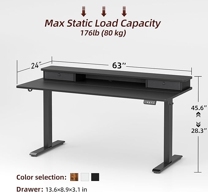 TIQLAB Standing Desk with Two Drawers Stand Up Standing Desk Adjustable Height Electric Sit Stand Table with Storage Shelf and Splice Board 63 * 24 inch Black