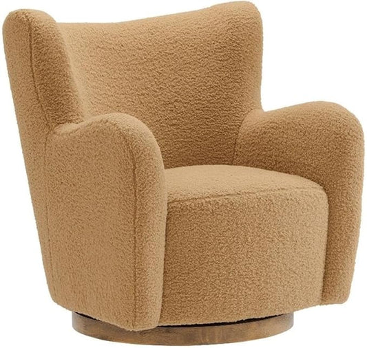 Modway Montrose Swivel Wingback Accent Chair in Camel Walnut Sherpa Teddy Fabric – Modern Furry Barrel Chair with 360-Degree Swivel Base – Soft and Comfy Living Room Chair