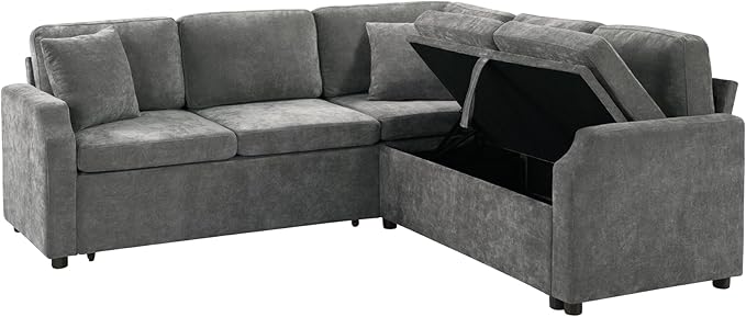 81.9 Sectional Sofa Bed L-Shaped Sectional with a Hidden Storage Compartment Versatile Pull-Out Sofa Bed with Cozy Throw Pillows for Living Room Apartments Offices (Gray-04e)