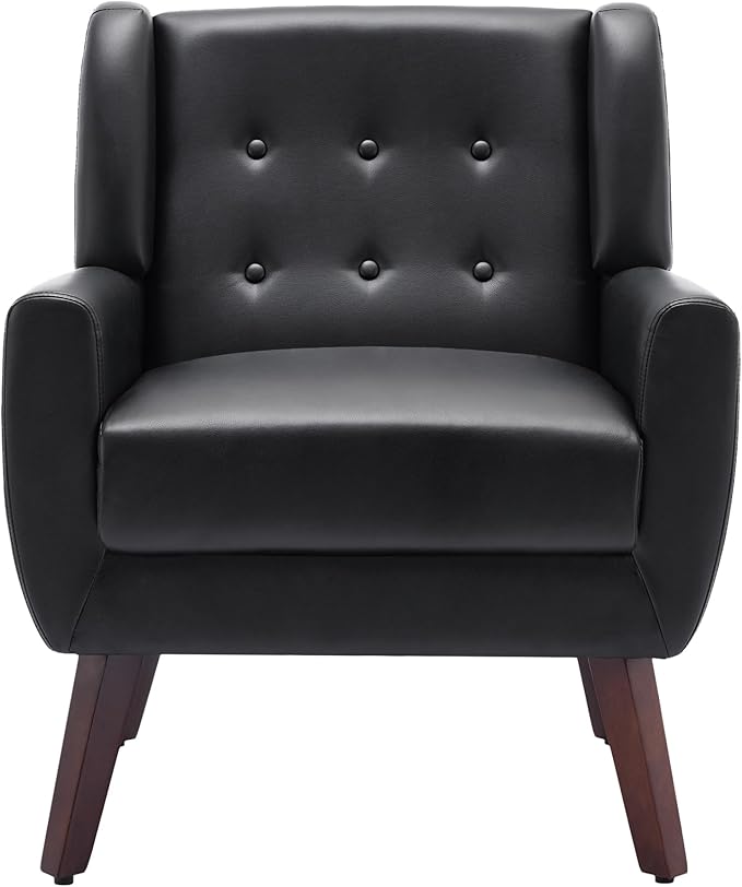 UIXE Faux Leather Accent Chair Modern Arm Club Chair Upholstered Armchair for Living Room Comfy Single Sofa Seats Button Tufted Reading Seating Black