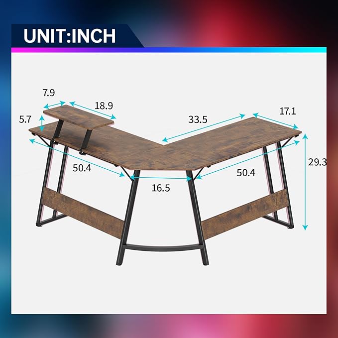 FDW L Shaped 51 Inch Gaming DeskCorner Computer DeskPC Gaming DeskWriting Workstation with Large Monitor Stand for Home OfficeBrown