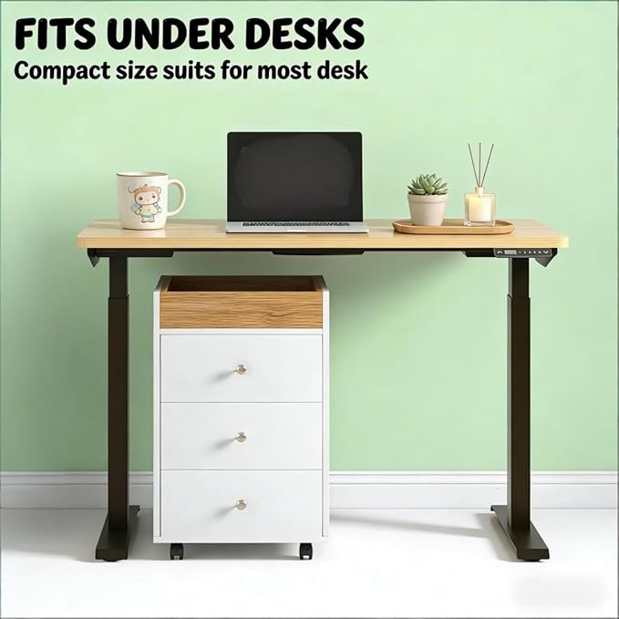 Mobile File Cabinet Office Cabinets with 4 Smooth Wheels for Home Office Rolling Filing Storage Cabinet Compact Printer Stands with 3 Drawers &amp Natural Wood Storage Box on The Top for Letter/A4 S