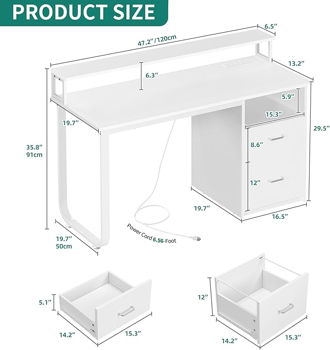 DWVO Office Desk with Drawers 47 Computer Desk with Power Outlets &amp LED Light Home Office Desk with Storage &amp Monitor Stand White