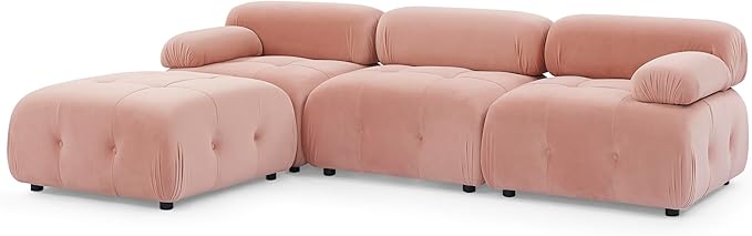 Bellemave L-Shape Sofa Couch Modular Sectional Sofa with Reversible Ottoman Velvet Upholstered Free Comnination Couch with Button Tufted Design Modern Oversized Couch for Living Room (Pink)