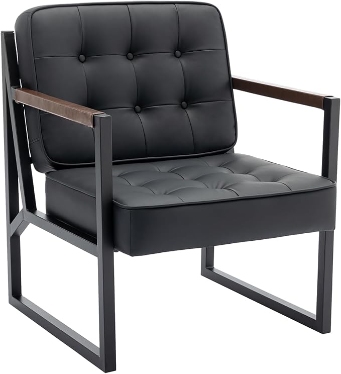 COLAMY Mid Century Modern Accent Chair Set of 2 Comfy Living Room Chair Black Leather Accent Chair Faux Leather Reception Armchair with Metal Legs for Living Room Bedroom Reception Office Black