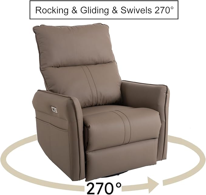 Electric Recliner Chairs for Adults Power Swivel Rocker Recliner Chairs &amp Nursery Glider Recliner with USB Pockets PU Leather Lazy Boy Recliner Chair &amp Small Recliners for Small Spaces (Bro