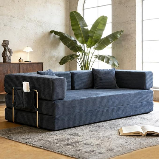 Convertible Sleeper Sofa Bed Corduroy Upholstered Green Modular Floor Couch Queen/King Size Foldable Futon with Memory Foam for Apartment Living Room Bedroom (Off White) (Blue 80.15) | Convertible s