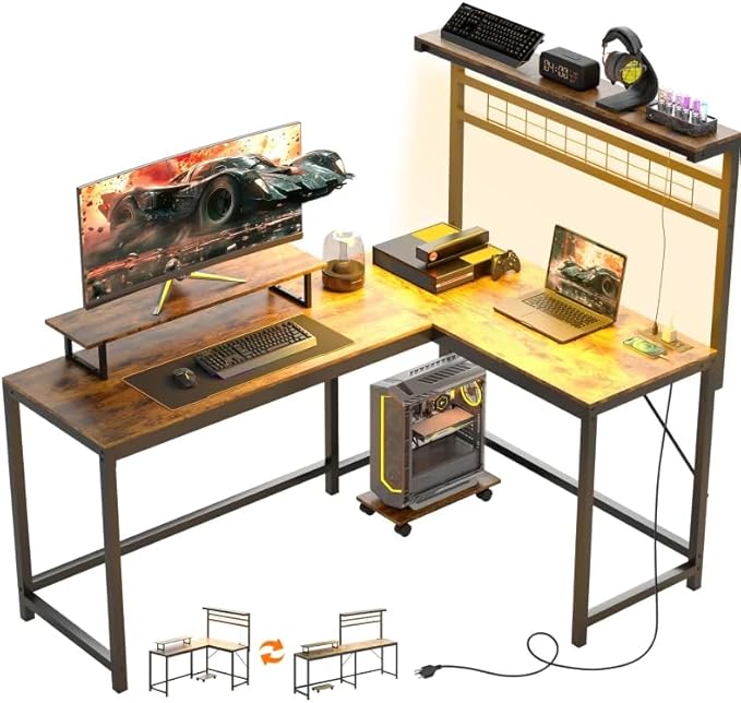 61.6'' L Shaped Gaming Desk with Power Outlets &amp LED Lights Reversible Computer Table with Monitor Stand and CPU Shelf Cornor Office Table PC Desk for Writing Study (Rustic Brown)