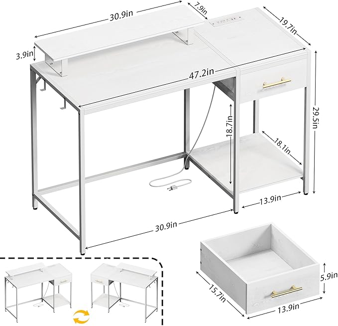 Lkeiyay White Gaming Desk with Led Lights &amp Power Outlet 48 inch Computer Desk with Wooden Drawers Monitor Stand &amp Headphone HookHome Office Desk