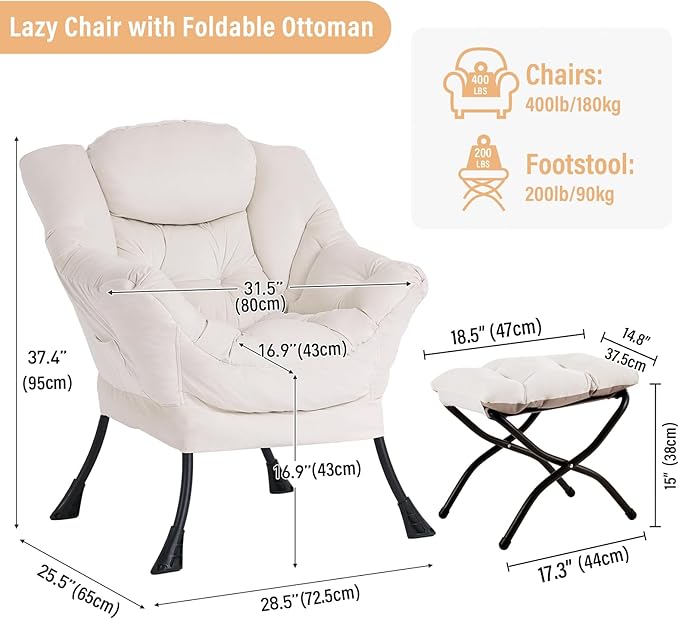 Lazy Chair with Ottoman Modern Chair with Folding Footrest Lounge Accent Chair Comfortable Reading Chair Oversized Armchairs for Bedroom Study Living Room Courtyard (Beige)