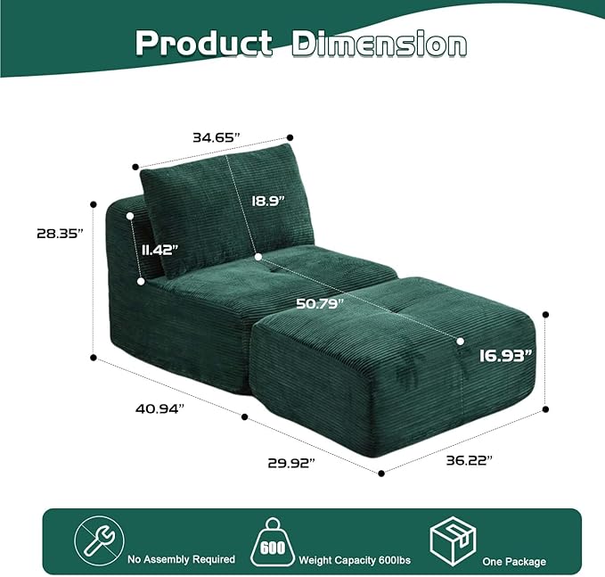 Single Chaise Longuewith Movable Ottoman Memory Foam Compressed Sofa with Pillows Soft Corduroy for Living Room (Green 1 Seat)
