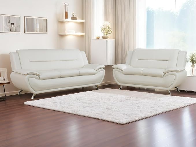 Leather 2 Piece Sofa Set Sectional Couch Modern Sofa for Living Room Bedroom - B-Creamy White