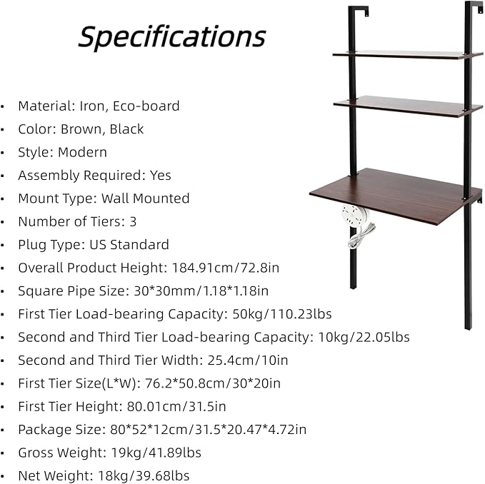 3 Tiers Wall Mount Desk Industrial Ladder Desk Computer Desk Writing Table with Bookshelf Floating Pipe Table with Power Strip for Home Office Dormitories Brown