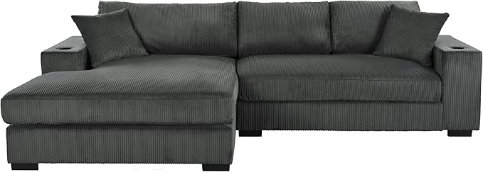 WILLIAMSPACE 111.5 Sectional Sofa Couch with Large Chaise Modren Upholstered L-Shape Sofa Comfy 3 Seater Couch with Cup Holders &amp Charging Ports for Living Room Corduroy (Left-FacingGray)