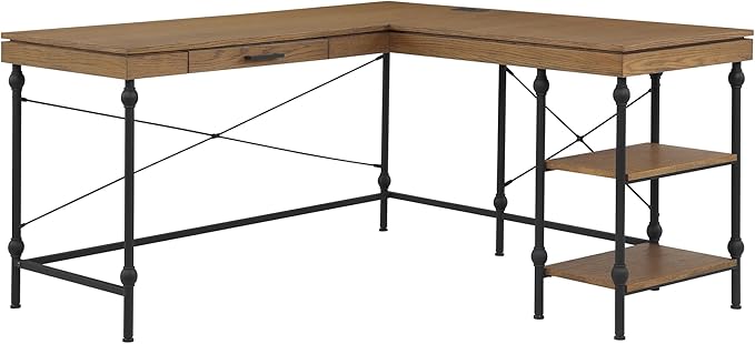 24/7 Shop at Home Monier Farmhouse Metal 2 Shelves Corner Computer Desk with USB Port Power Outlet 1 Drawer for Workstation Home Office Study Room Oak Brown