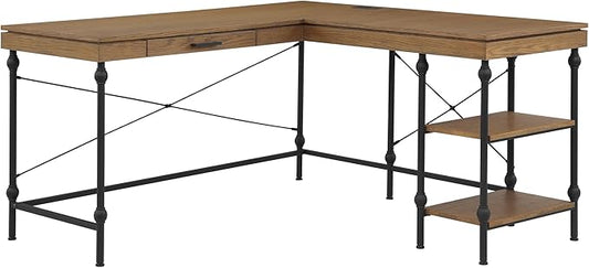 24/7 Shop at Home Monier Farmhouse Metal 2 Shelves Corner Computer Desk with USB Port Power Outlet 1 Drawer for Workstation Home Office Study Room Oak Brown