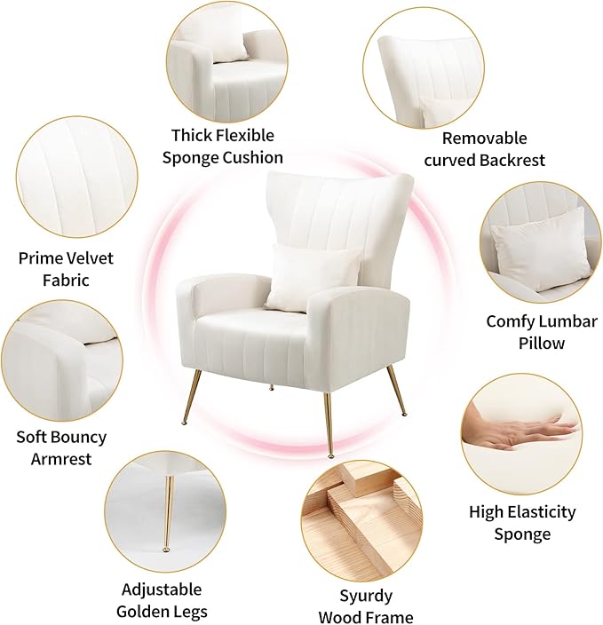 X-VOLSPORT Velvet Accent Chairs Set of 2 Mid Century Modern High Back Living Room Chair with Waist Pillow Upholstered Arm Chair with Metal Gold Legs for Bedroom Club White