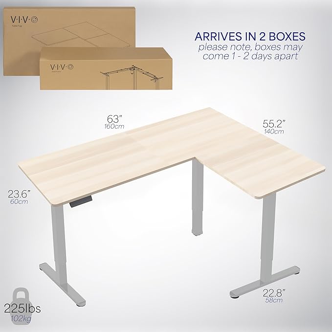 VIVO Corner Standing Desk 63 x 55 inch Reversible L-Shaped Workstation Electric Height Adjustment Home Office and Reception Rooms Light Wood Table Top Gray Frame DESK-E3CTGC