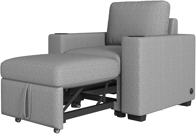 Merax 35.4 Modern Convertible Sofa Bed Pull-Out Sofa Couch Single Sleeper Chair with Pull-Out Mechanism USB Ports and Cup Holders Chenille Fabric for Living Room Small Space Grey
