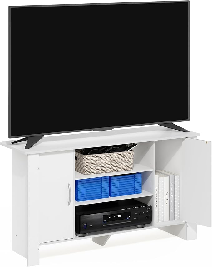 Furinno ECON TV Stand 4-Tier Entertainment Center with Adjustable Shelf Open Back TV Console with Door Storage for TV up to 46 Inch for Living Room Bedroom White