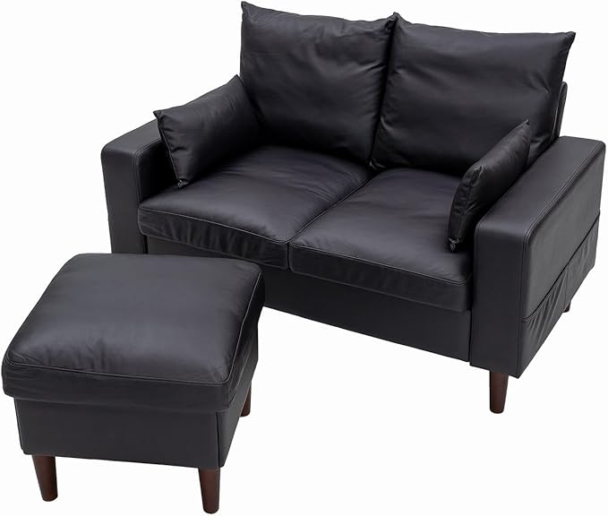 Panana Convertible Sectional Sofa CouchL-Shaped 2 or 3-Seat Sofa Sectional with Reversible Ottoman for Small Living Room Apartment (Black Leather Look Fabric 2 Seater with Ottoman - Track arms)