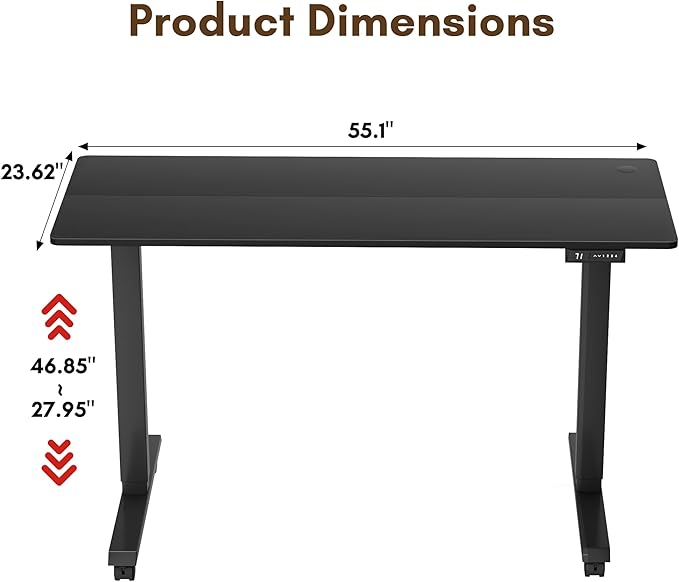 Shahoo Electric Standing Desk 55 Inch Ergonomic Height Adjustable Table with T-Shaped Metal Bracket Modern Computer Workstations for Home Office Black 55 x 24 Inch