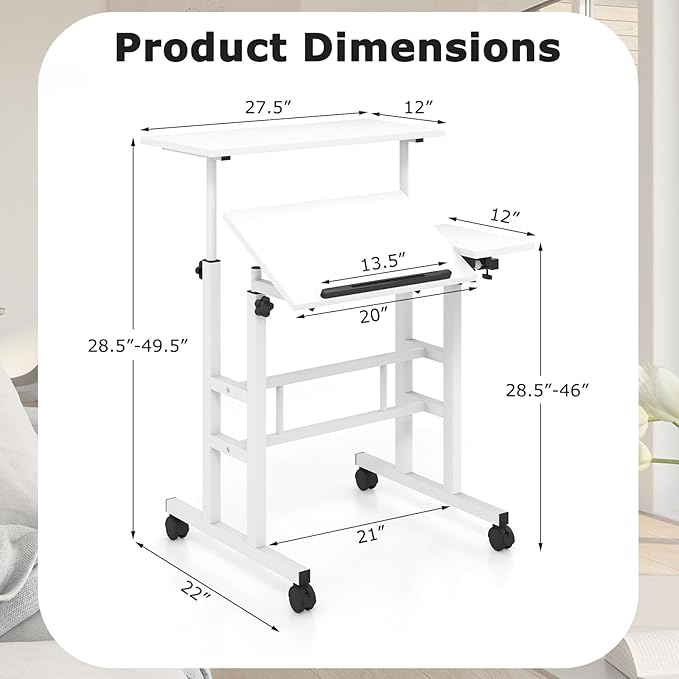 Giantex Mobile Standing Desk Height Adjustable Stand Up Table with Wheels &amp Tilting Tabletop Rolling Laptop Cart Computer Workstation for Standing or Sitting Home Office Sit Stand Desk (White)