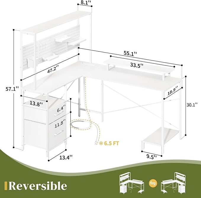 Yoobure L Shaped Gaming Desk with Pegboard Reversible Computer Desk with Drawers &amp Storage Shelves LED Lights &amp Power Outlets Office Desk with Monitor Stand Corner Desk Home Office Desks