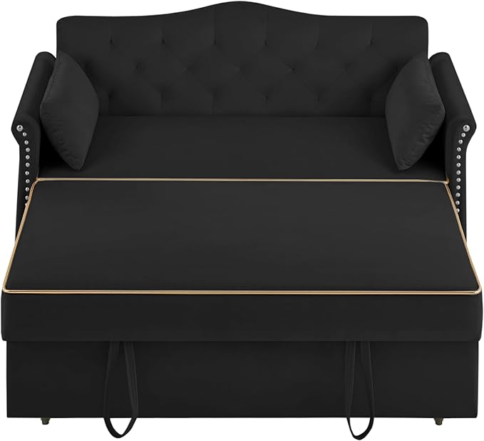 57'' Convertible Sleeper Sofa Bed with Adjustable Backrest Chaise Lounge 2 Pillows &amp Side Storage Pockets – Stylish &amp Functional Furniture for Living Room or Small Spaces (Black Sofa Bed)