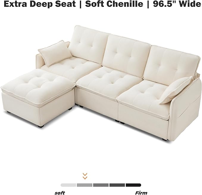 Oversized Modular Sectional Sofa with Ottoman 96.5 Inch 3 Seat Deep Seat Chenille Couch Convertible L Shaped Sofa with Pillows Comfy Seating Couch for Living Room Apartment Office (Cream)