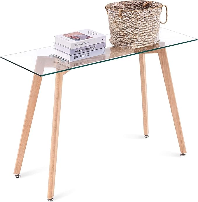 ivinta Glass Office Desk 43 Rectangular Computer Desk with Solid Wood Legs Modern Dining Table for Living Room Office Kitchen TAM-WT